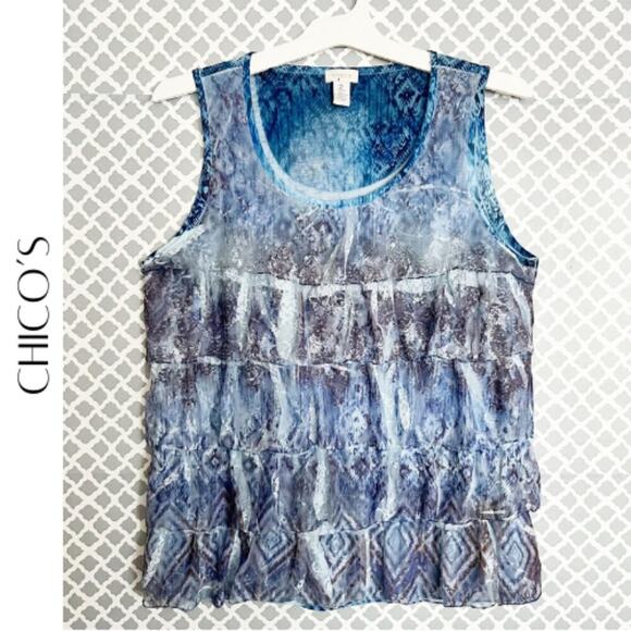 CHICO’S Blue Ikat Print Lace Ruffle Tank Top - Size 2 | Large | 12 - Picture 1 of 9